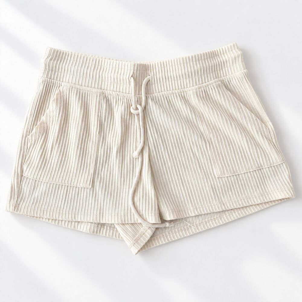 Cream Ribbed Drawstring Shorts
